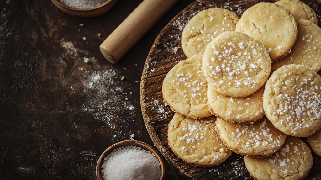 A plate of freshly baked 3-ingredient sugar cookies, golden and crisp.