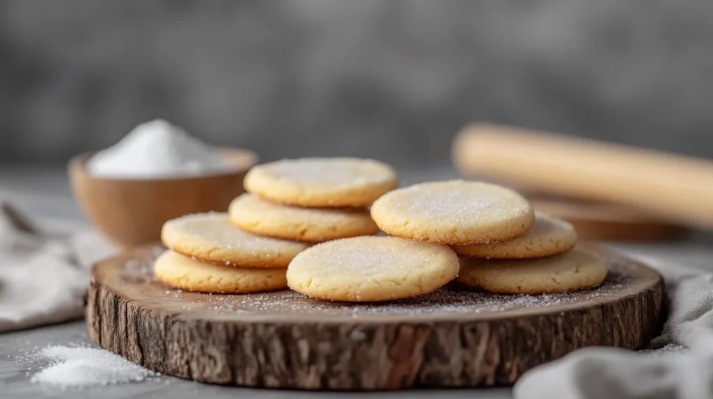 Close-up of 3-ingredient sugar cookies, sprinkled with a light dusting of sugar.