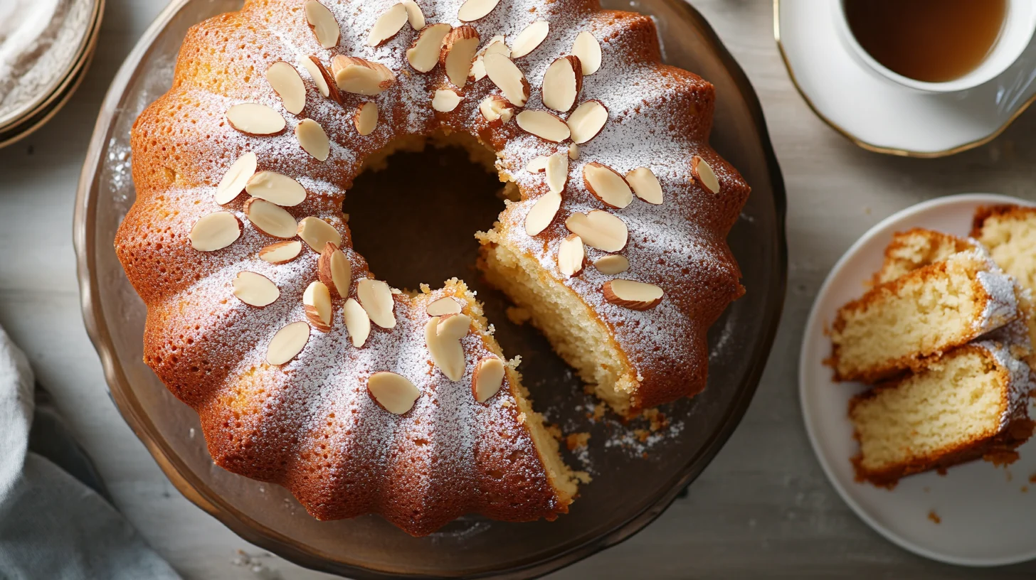 Delicious Amaretto Cake decorated with a light glaze and almonds, suitable for kosher diets.