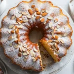 Kosher Amaretto Cake with a moist, almond-flavored base and a sweet glaze topping.