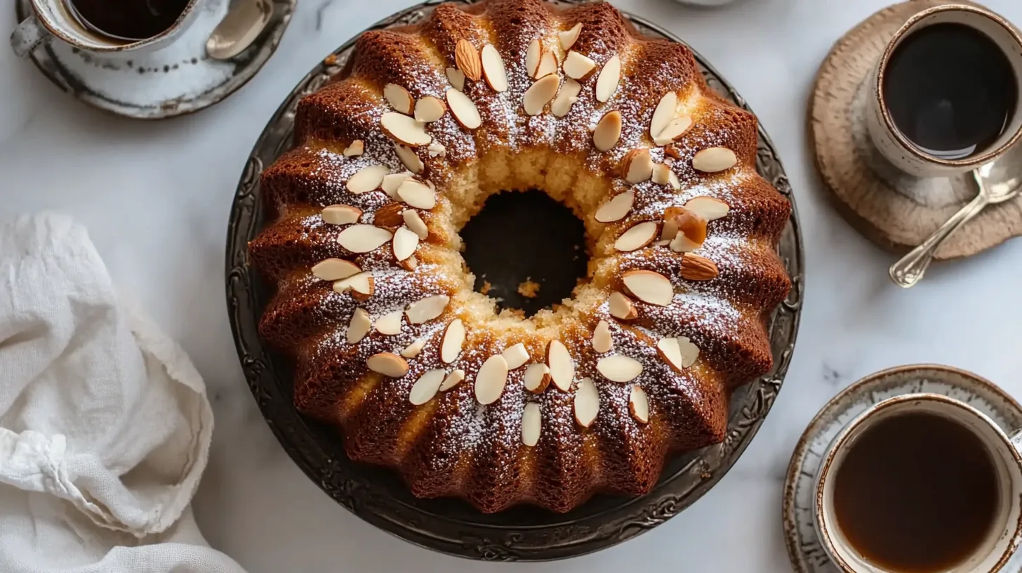 Amaretto Cake served with a light glaze and topped with toasted almonds, perfect for kosher diets.