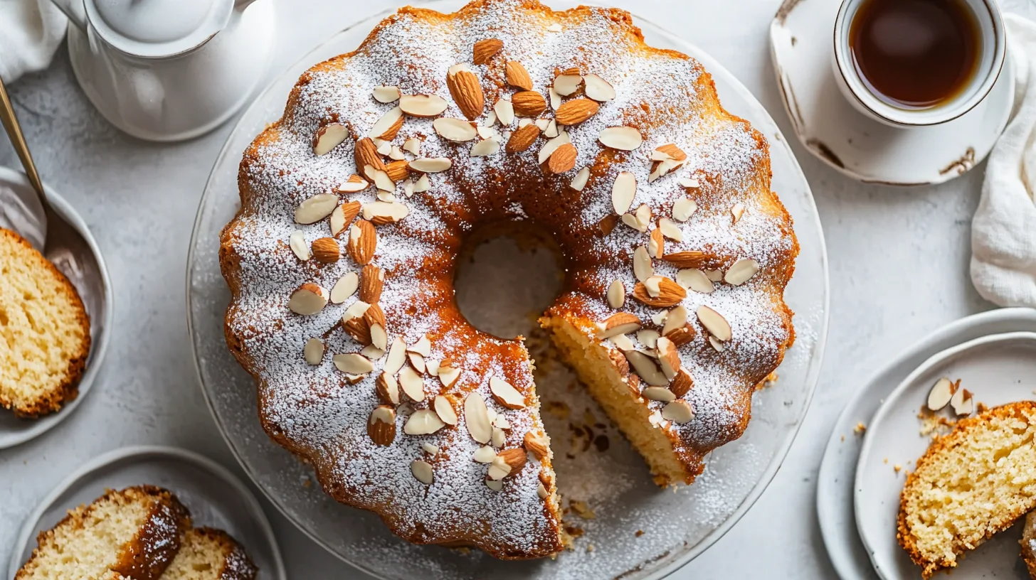 Kosher Amaretto Cake with a moist, almond-flavored base and a sweet glaze topping.