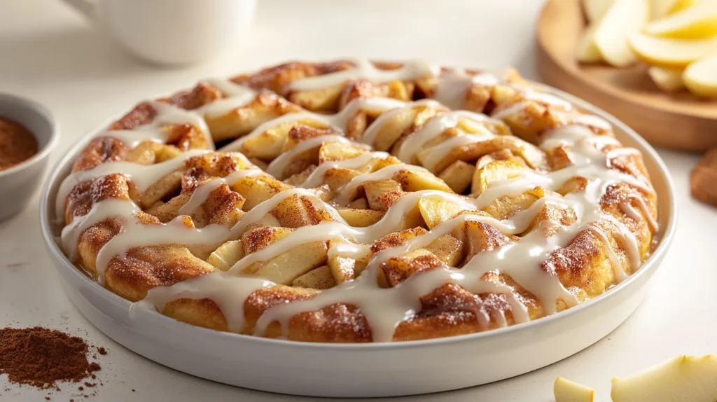 Freshly baked apple pie cinnamon rolls drizzled with vanilla glaze.