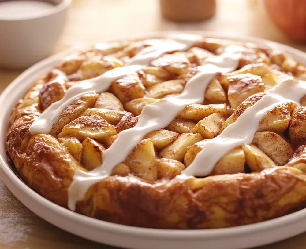 A batch of homemade apple pie cinnamon rolls with a golden-brown crust.