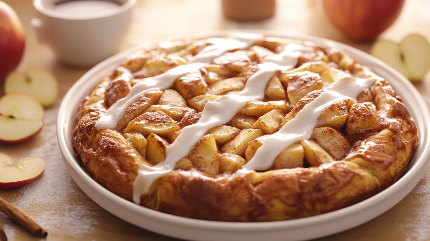 A batch of homemade apple pie cinnamon rolls with a golden-brown crust.