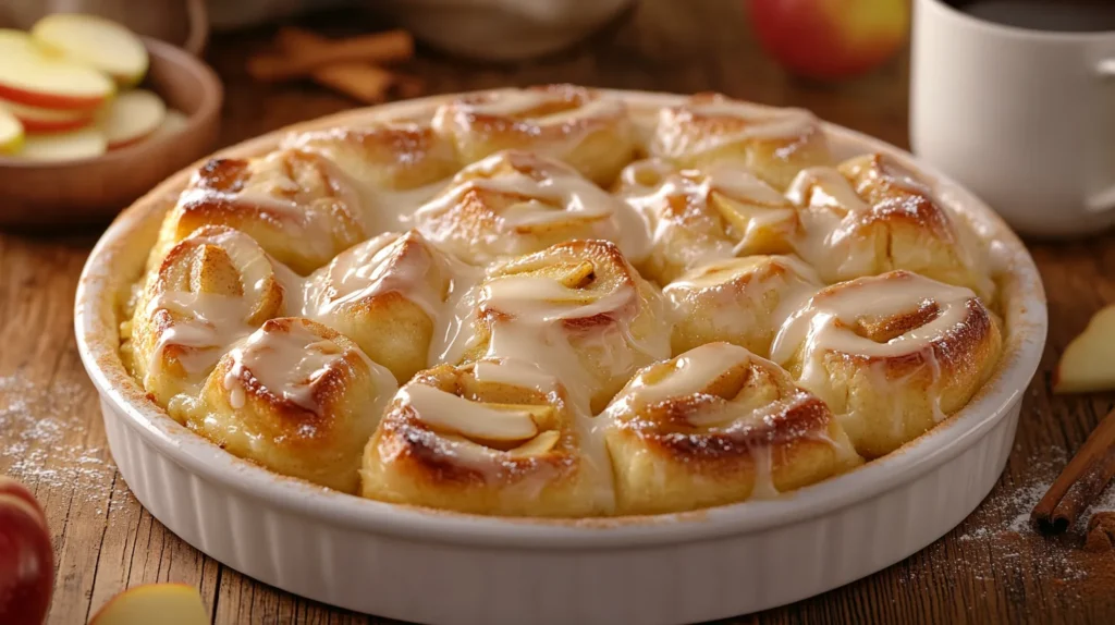 Close-up of apple pie cinnamon rolls with caramelized apples and cinnamon.