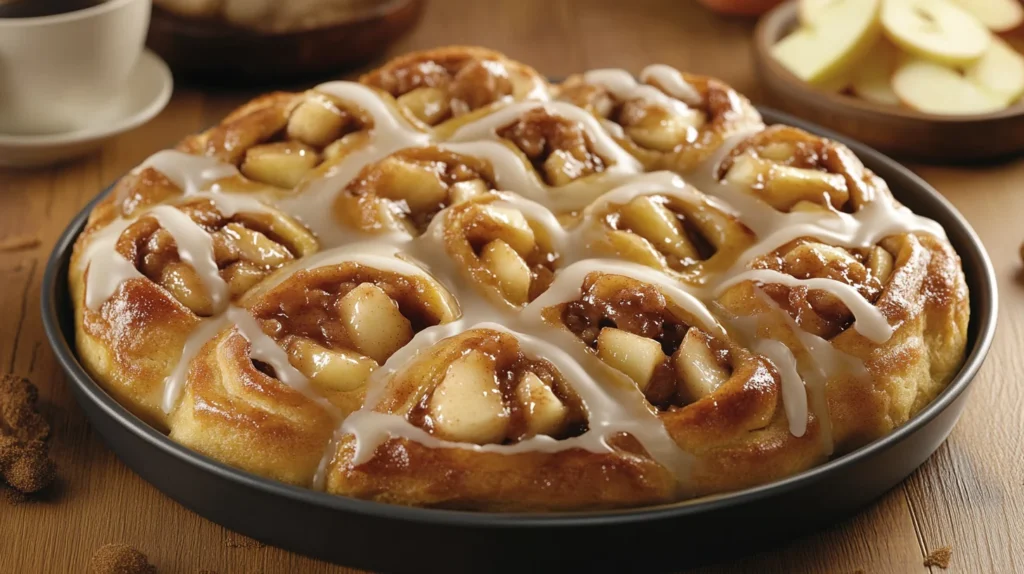 Soft, gooey cinnamon rolls filled with apple pie filling on a white plate.