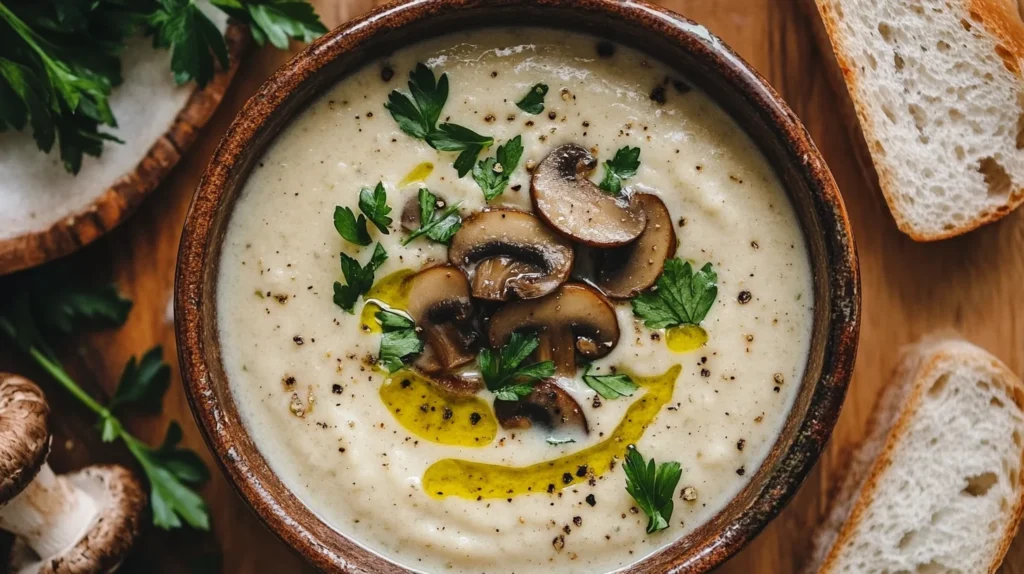 A bowl of creamy asparagus mushroom soup garnished with fresh herbs.