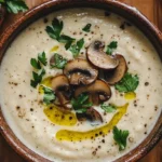 A bowl of creamy asparagus mushroom soup garnished with fresh herbs.