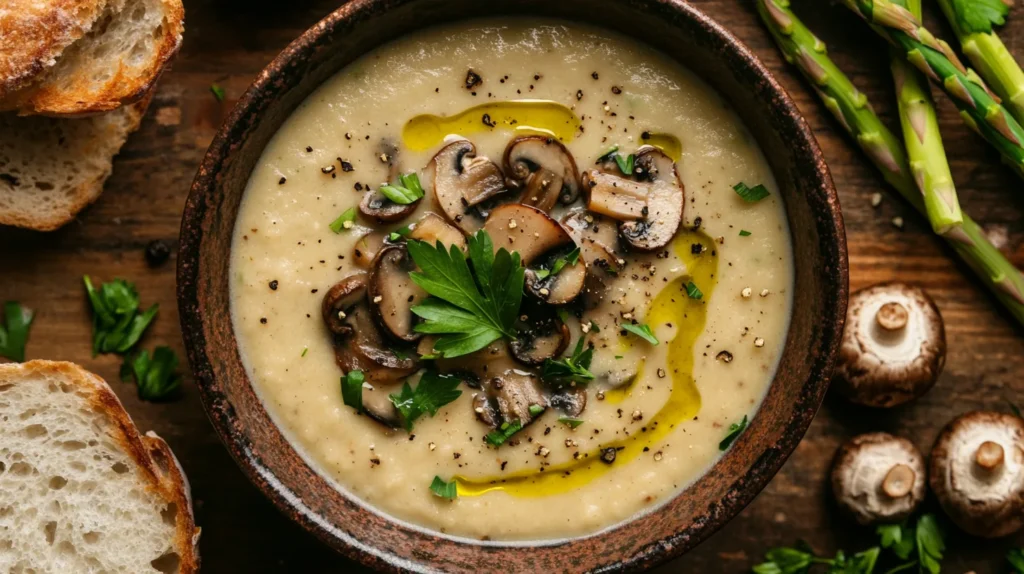 Warm asparagus mushroom soup served in a white bowl, garnished with cream and parsley.