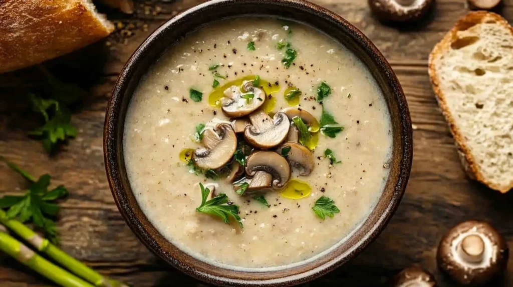 Delicious asparagus mushroom soup with tender mushrooms and vibrant green asparagus.