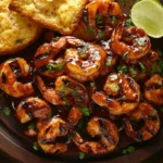 BBQ shrimp recipe served with a side of lemon wedges, dipping sauce, and fresh greens.