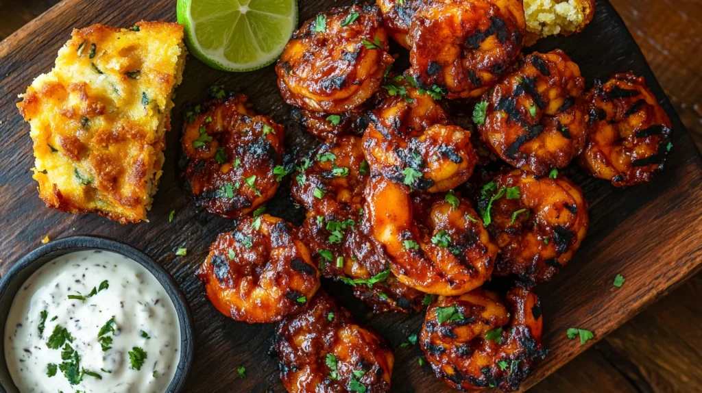 Juicy BBQ shrimp served with a side of grilled vegetables and fresh lemon wedges.