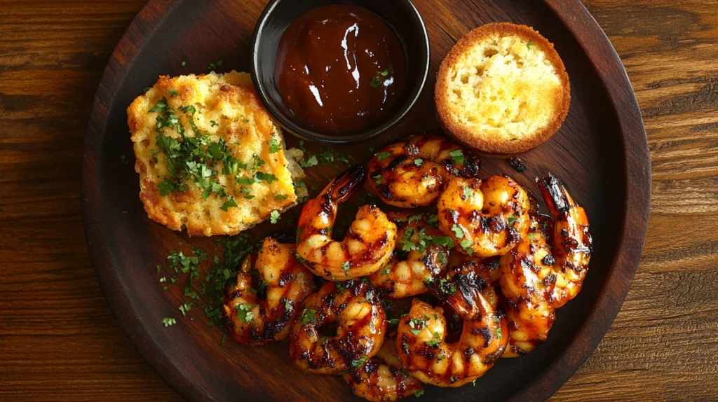 Grilled BBQ shrimp with a caramelized glaze, garnished with fresh herbs and served on a platter.