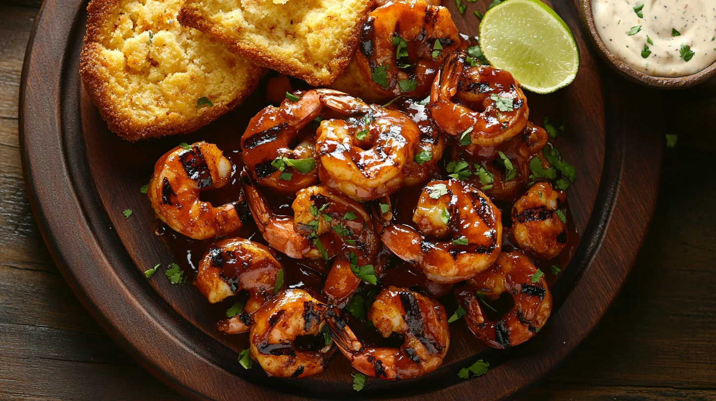 BBQ shrimp recipe served with a side of lemon wedges, dipping sauce, and fresh greens.