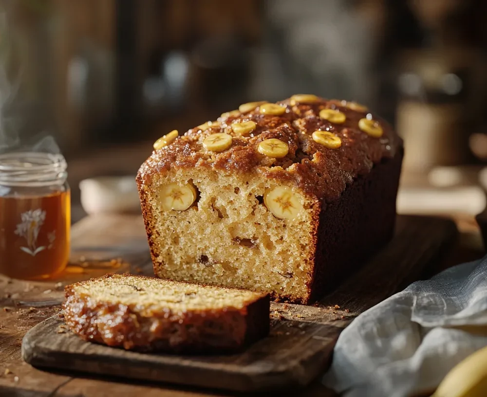 A healthy butter-free banana bread recipe, sliced and ready to serve.