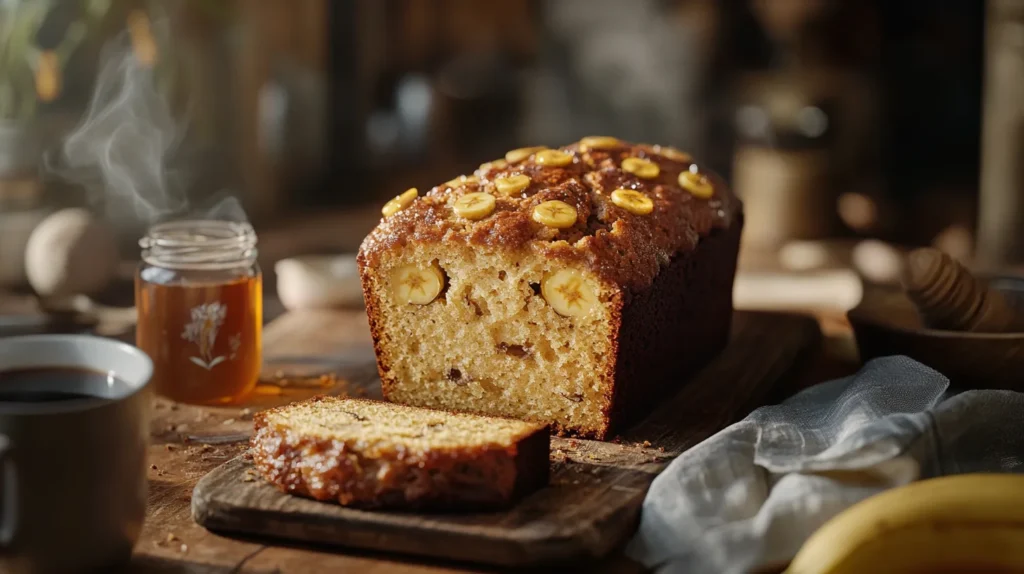 A healthy butter-free banana bread recipe, sliced and ready to serve.