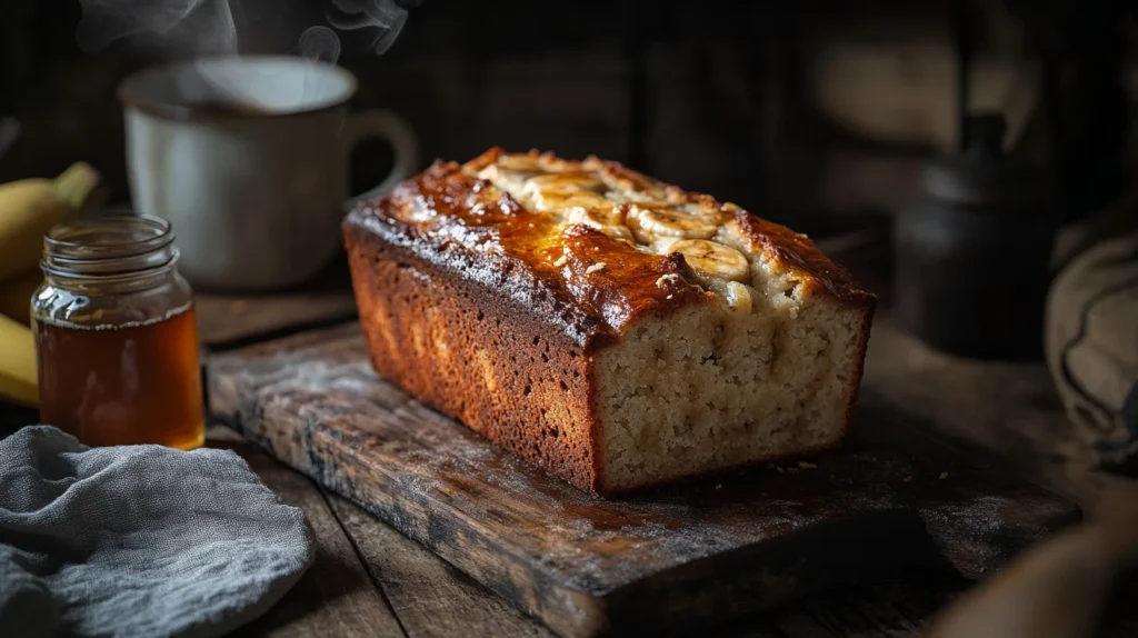 Moist banana bread slice on a plate, made without butter.