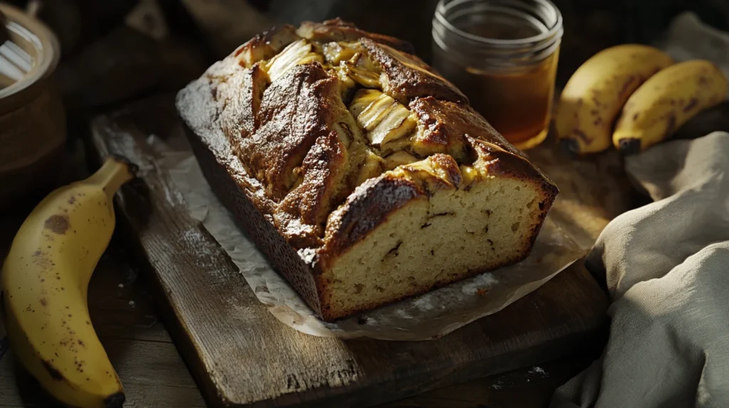 Close-up of butter-free banana bread with ripe bananas in the background.