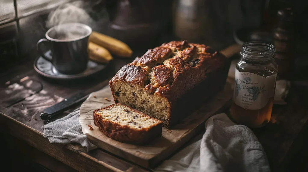 Freshly baked banana bread loaf with a golden crust, butter-free recipe.