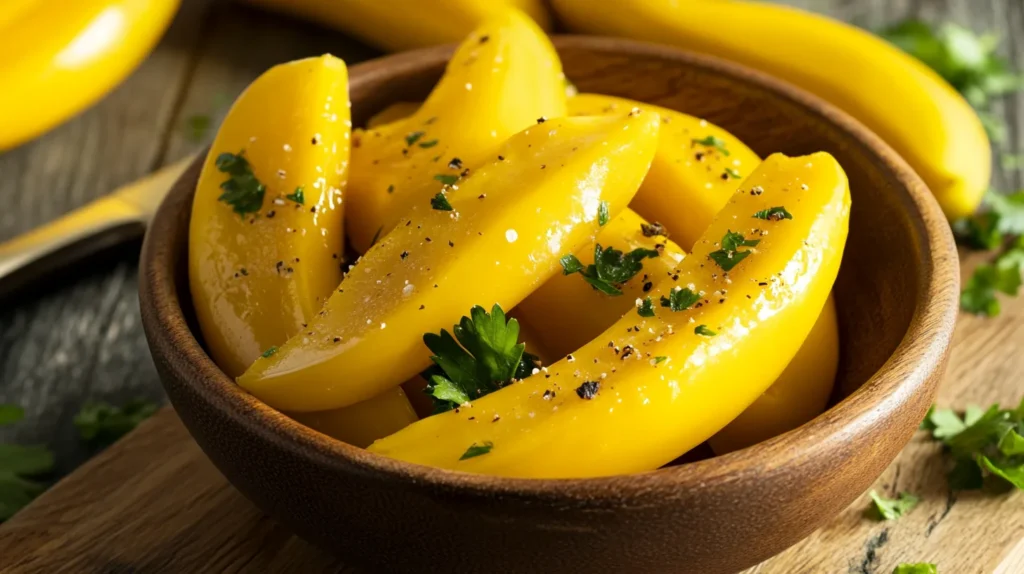 Fresh banana peppers displayed on a rustic wooden surface.