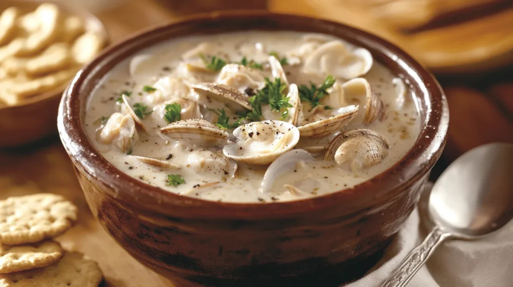 Creamy canned clam chowder in a white bowl, topped with fresh parsley.