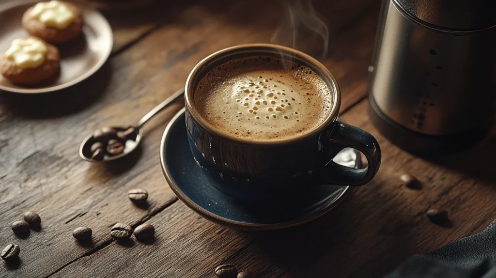 Freshly brewed decaf coffee with a smooth crema, perfect for a relaxing moment.