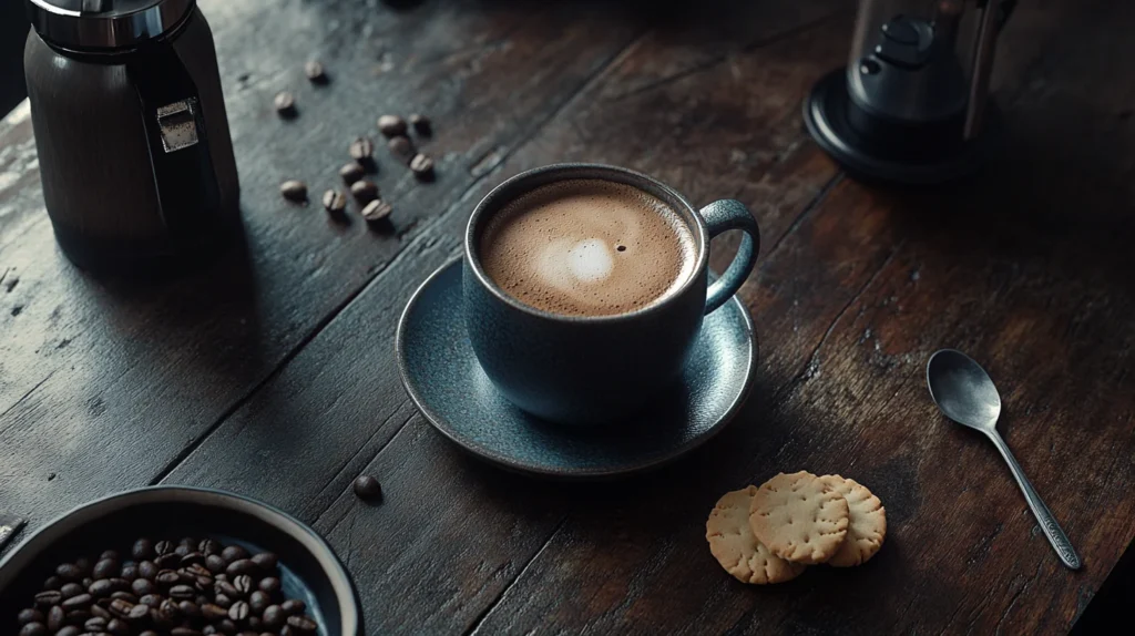 A cozy coffee setup featuring the best decaf coffee, cookies, and a warm blanket.