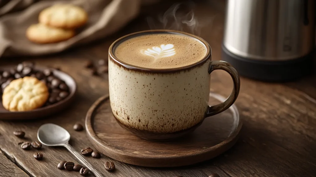 A steaming cup of the best decaf coffee, served in a rustic ceramic mug.