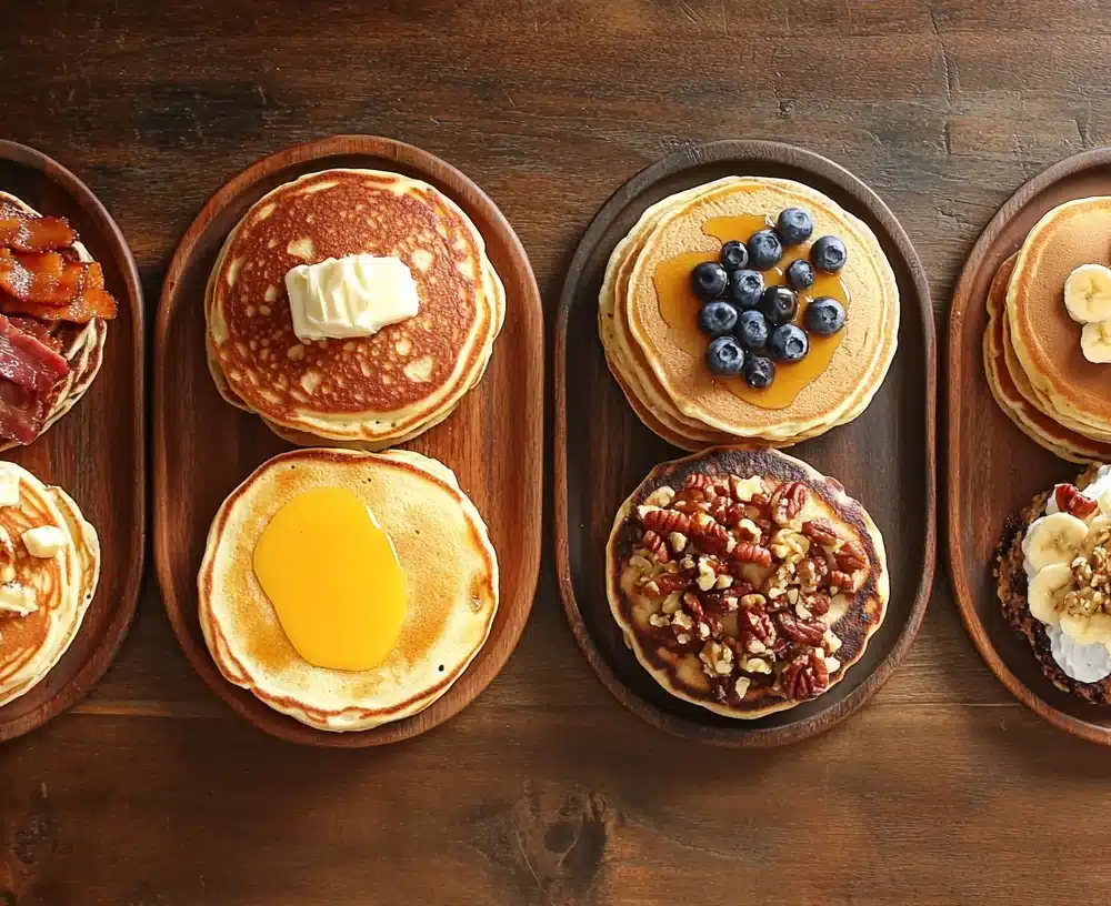 Stack of CMS pancakes topped with syrup, powdered sugar, and fresh berries.