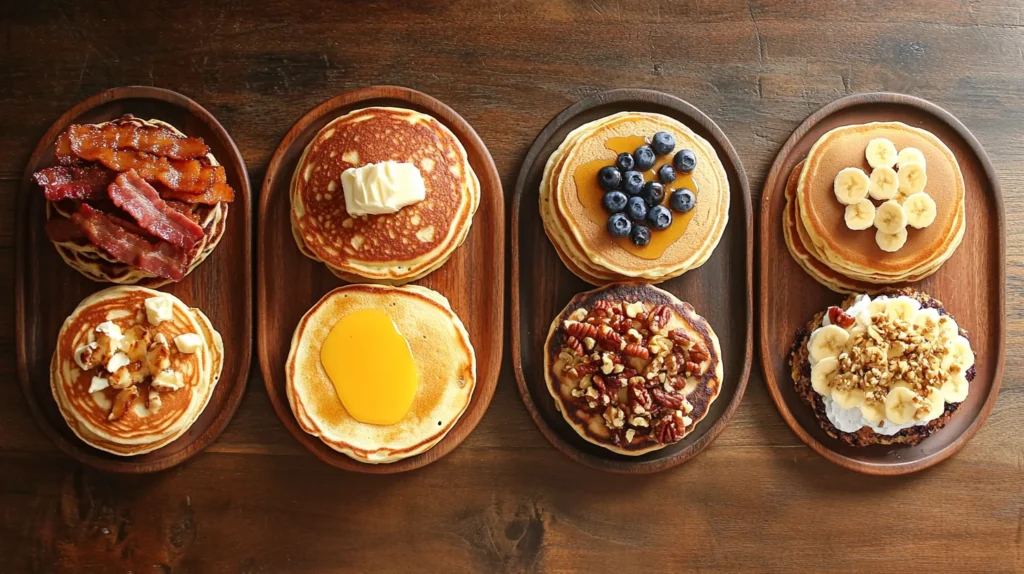 Stack of CMS pancakes topped with syrup, powdered sugar, and fresh berries.