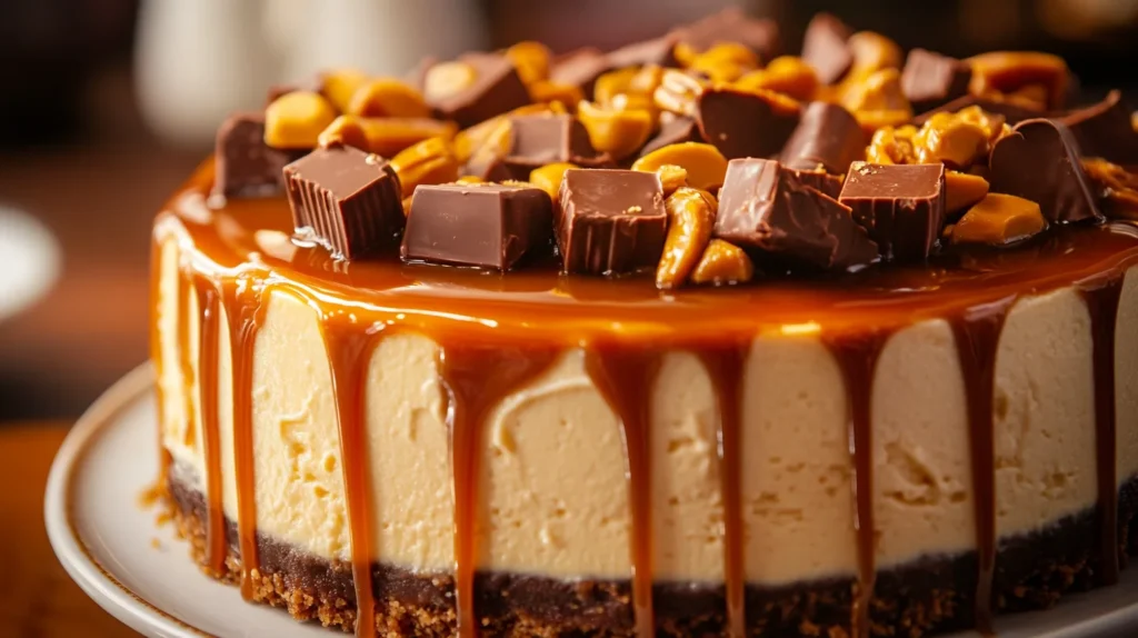 A slice of Reese's caramel cheesecake topped with crumbled Reese's peanut butter cups and a caramel drizzle.