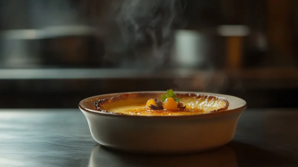 A golden, crispy top of carb brulee, caramelized to perfection with a rich custard base.