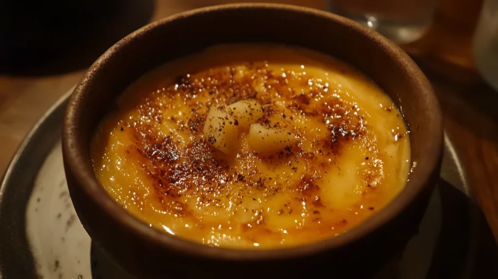 Close-up of a deliciously browned carb brulee with a smooth, creamy custard underneath.