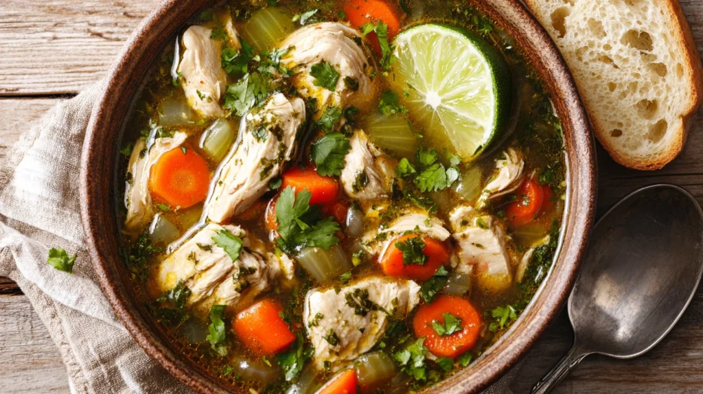 Hot and flavorful Catherine's Spicy Chicken Soup, served with a side of crusty bread.