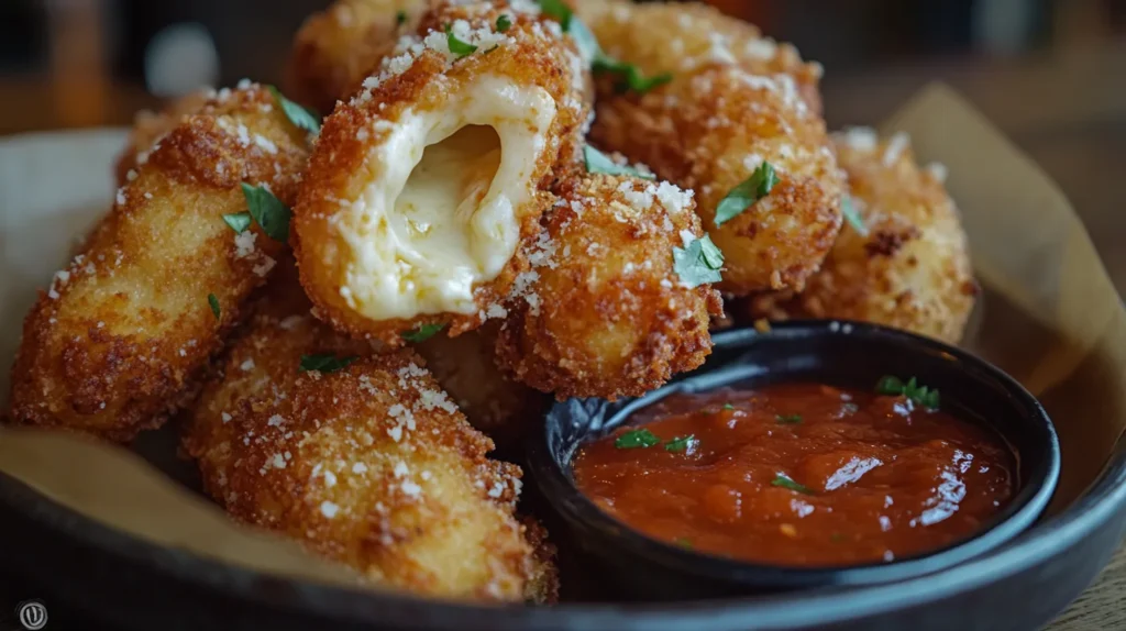 Crispy cheese sticks served with marinara dipping sauce on a wooden platter.