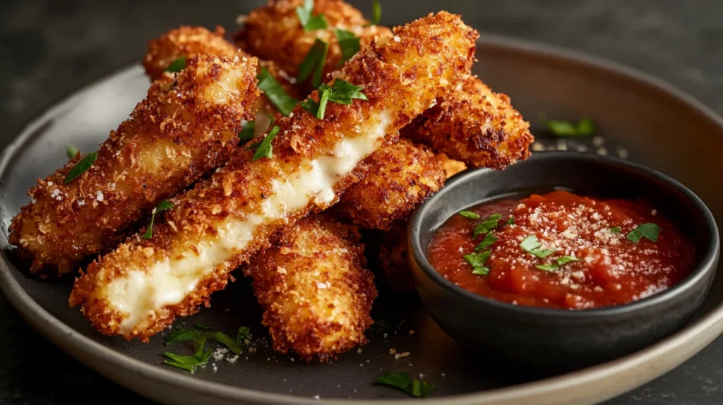 Golden-brown fried cheese sticks with melted cheese oozing out.