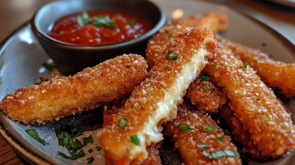 Homemade cheese sticks coated in breadcrumbs, fresh out of the fryer.