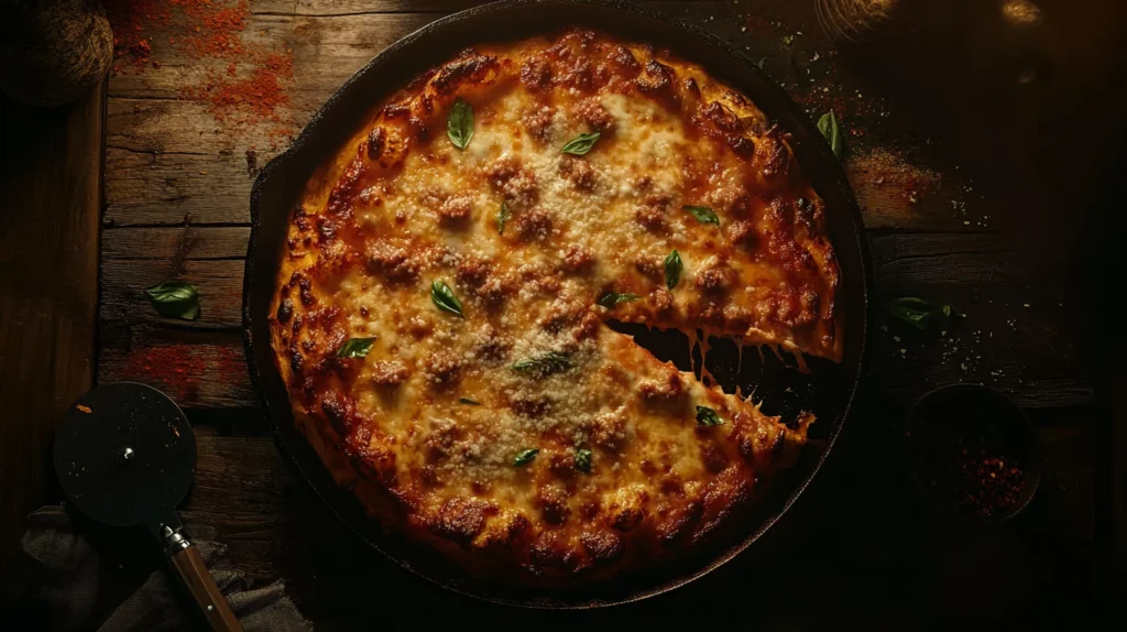 A deep dish pizza with a thick, golden crust and loaded with melted cheese and toppings, baked in a Chicago-style deep dish pizza pan.