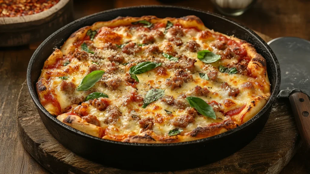 Close-up of a freshly baked Chicago-style deep dish pizza with a crispy crust, topped with sauce, cheese, and sausage.