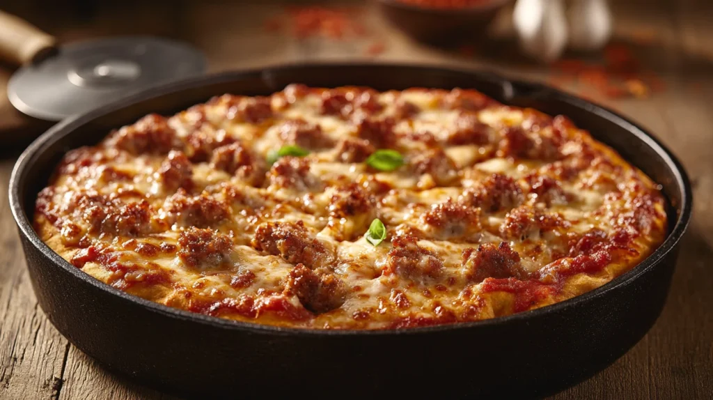 A Chicago-style deep dish pizza pan, ready to be filled with ingredients for a delicious homemade pizza.