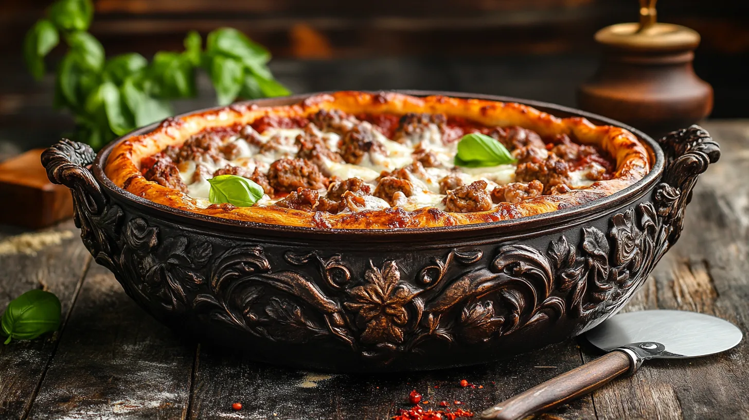 The perfect Chicago-style deep dish pizza, served straight from the pan with layers of cheesy goodness.