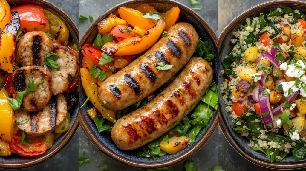 Chicken apple sausages in a skillet, sizzling with fresh herbs and served with a side of greens.