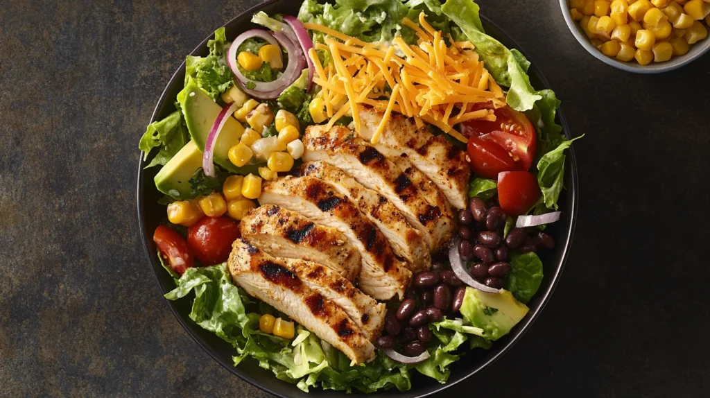 A bowl of Southwest Chicken Salad topped with grilled chicken, black beans, and a cilantro lime dressing.