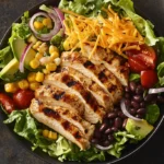 A bowl of Southwest Chicken Salad topped with grilled chicken, black beans, and a cilantro lime dressing.