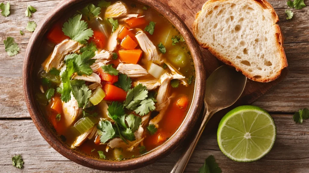 Steamy bowl of Catherine's Spicy Chicken Soup with vibrant vegetables and a spicy kick.