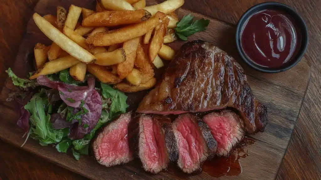 Tender Chip Steak served with a side of vegetables, showcasing the juicy texture and savory flavor.