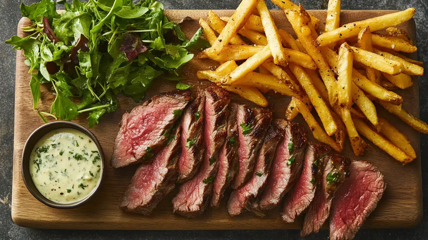 Juicy and tender Chip Steak served with a side of crispy potatoes and fresh greens.