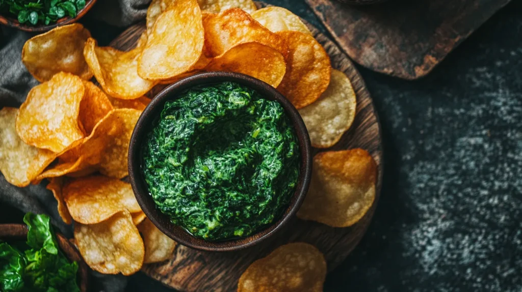 Crunchy chips served with a creamy, homemade spinach dip.