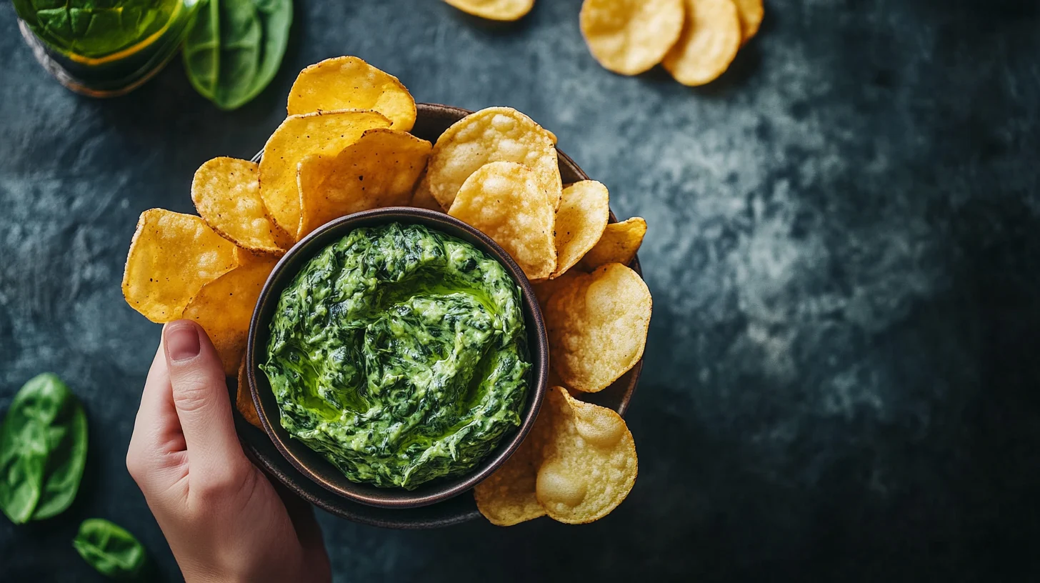 Delicious chips paired with homemade spinach dip, perfect for snacking.